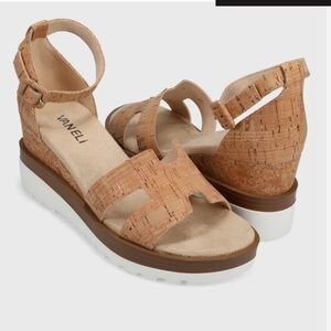 Vaneli Tan Wedge Sandals with Crisscross Straps